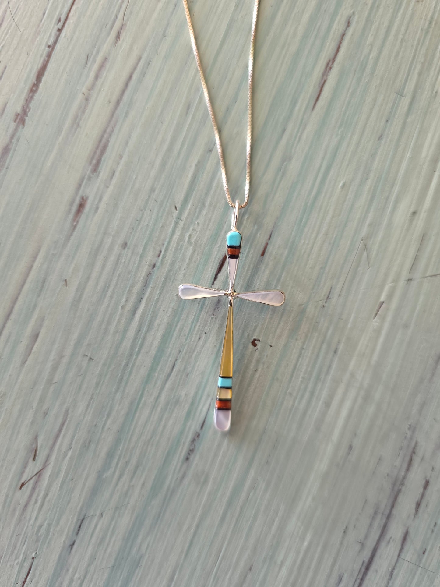 Zuni Turquoise Shell Silver Inlay Cross Pendant Necklace
