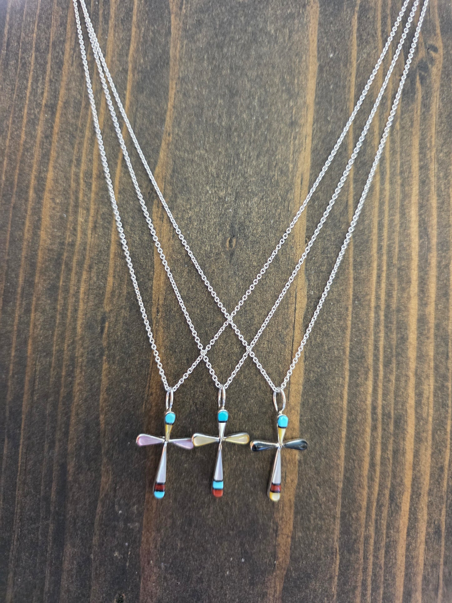 Zuni Petite Turquoise Shell Silver Inlay Cross Pendant Necklace