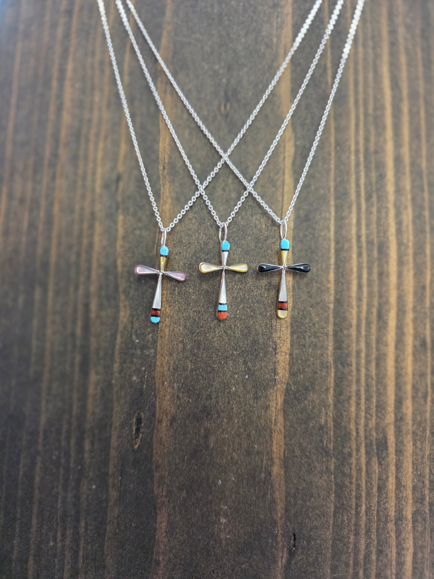 Zuni Petite Turquoise Shell Silver Inlay Cross Pendant Necklace