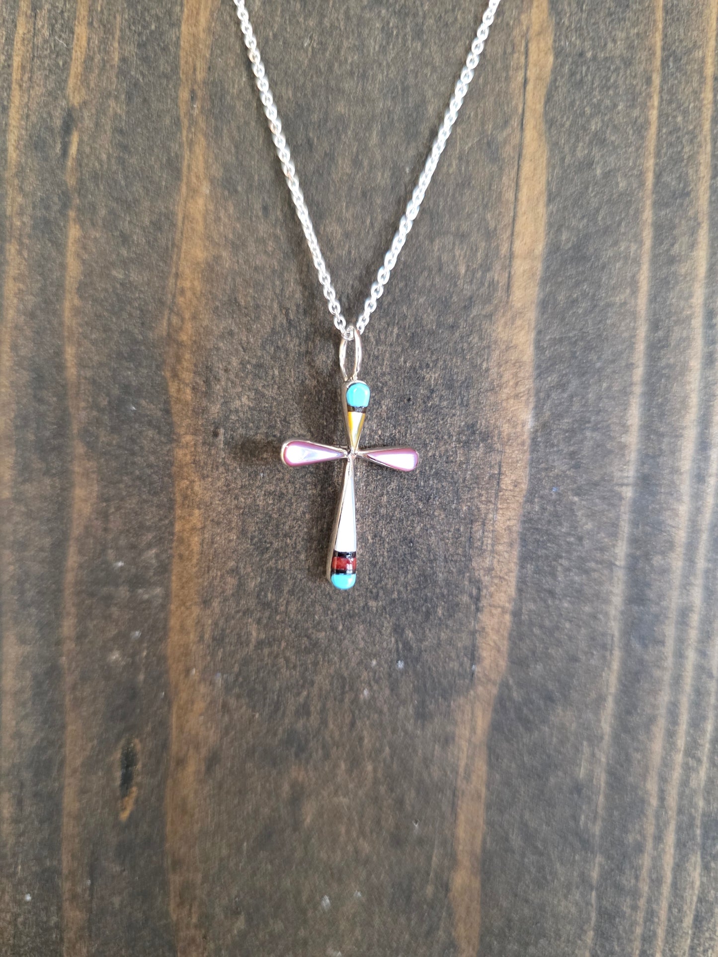 Zuni Petite Turquoise Shell Silver Inlay Cross Pendant Necklace