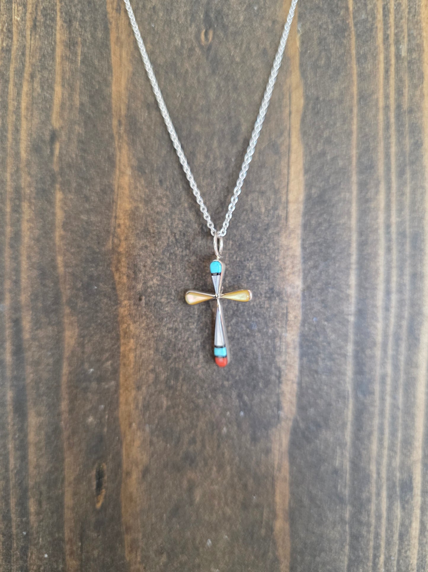 Zuni Petite Turquoise Shell Silver Inlay Cross Pendant Necklace