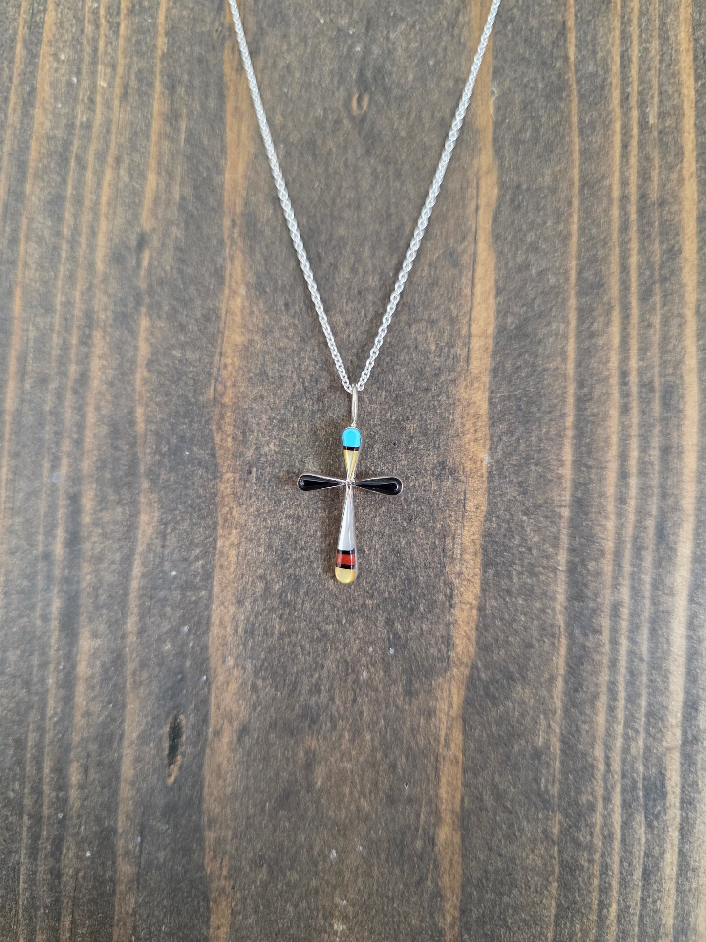 Zuni Petite Turquoise Shell Silver Inlay Cross Pendant Necklace