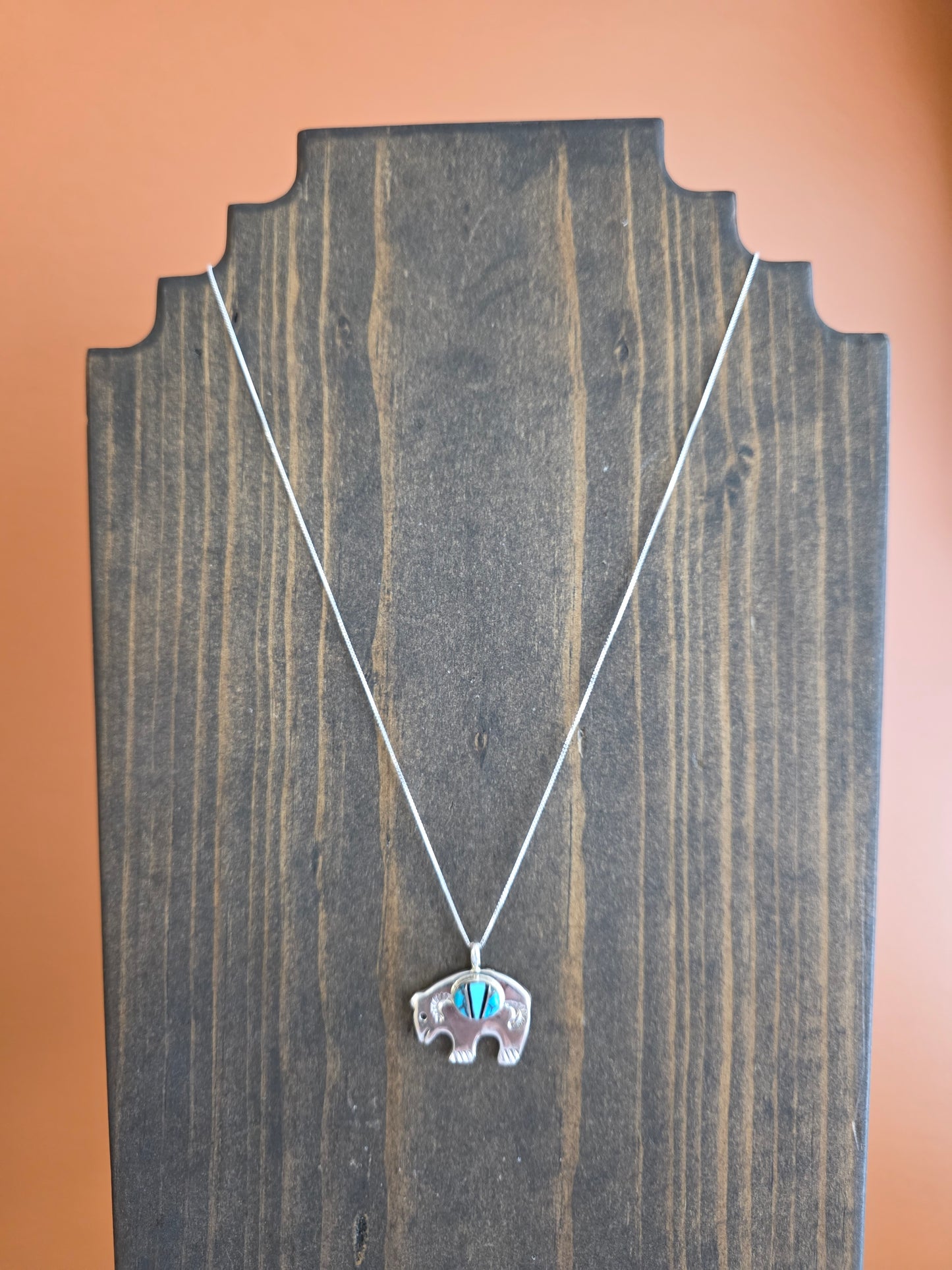 Navajo Stamped Sterling Turquoise Bear Pendant Necklace