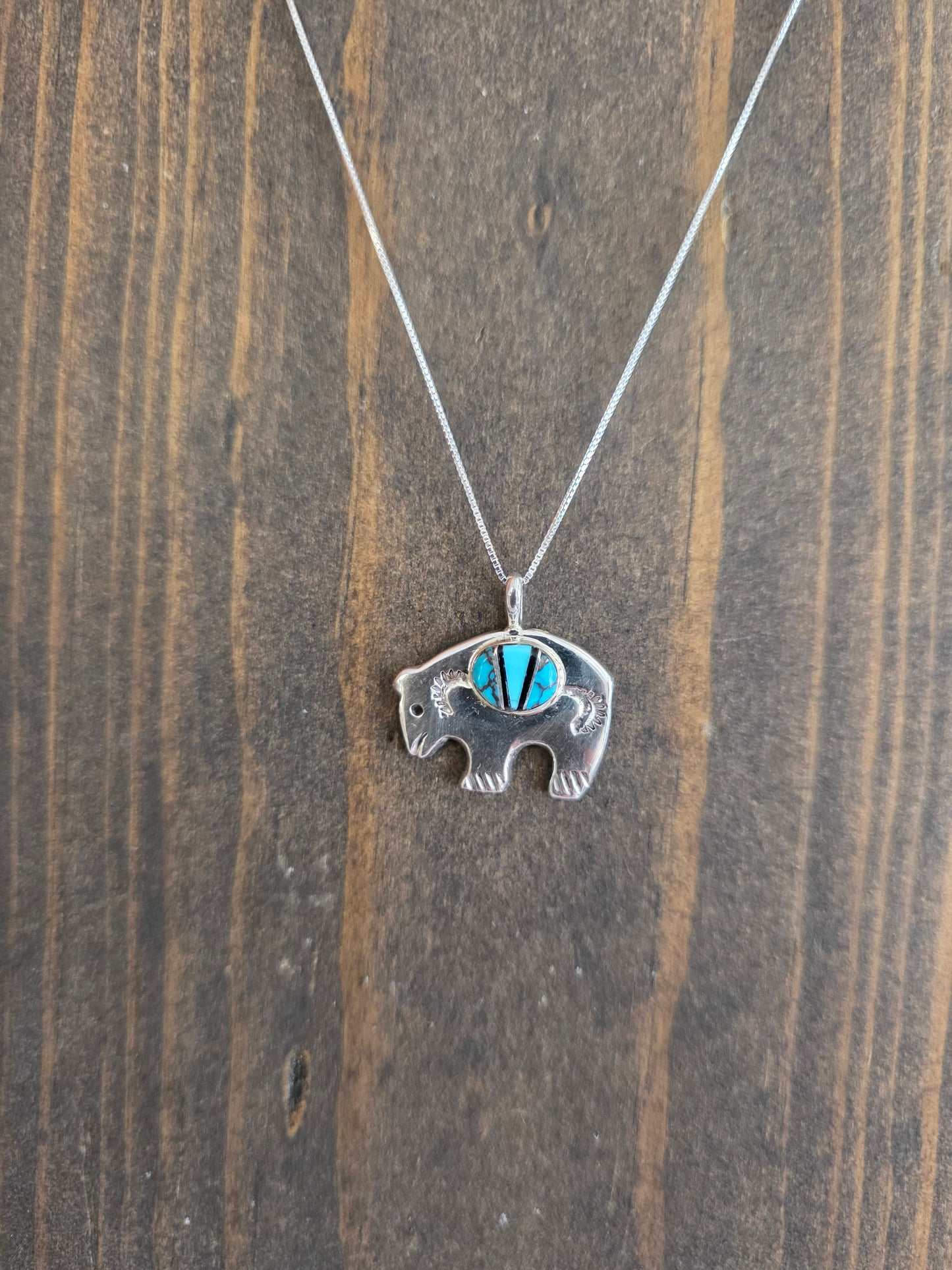 Navajo Stamped Sterling Turquoise Bear Pendant Necklace