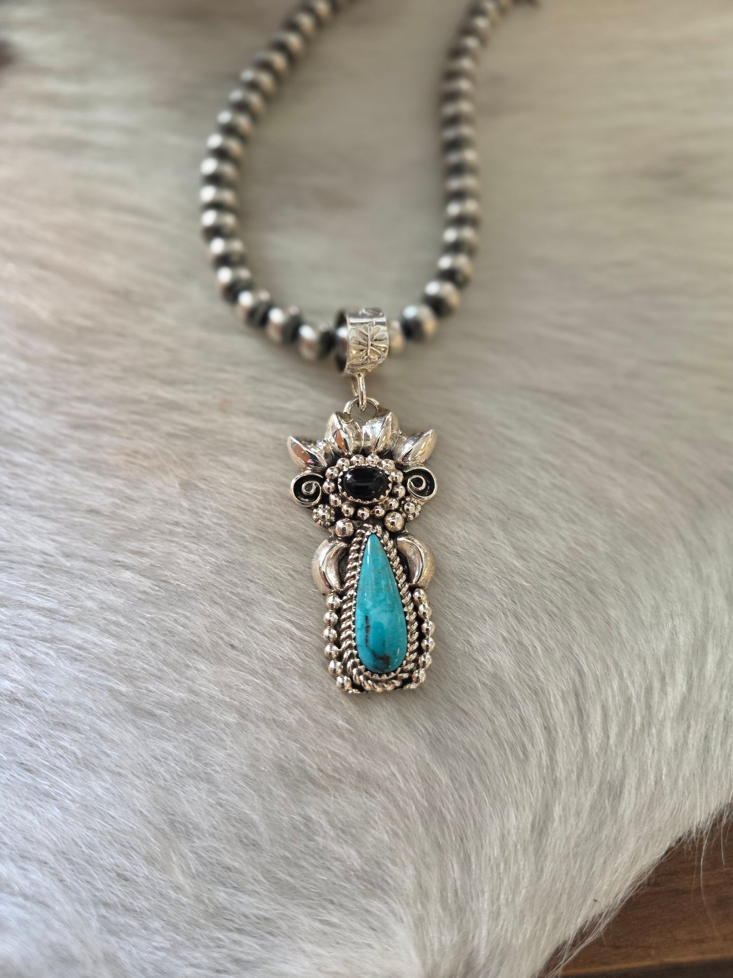 Navajo Sterling Silver, Kingman Turquoise, and Black Onyx Maiden Pendant with Detachable Bail