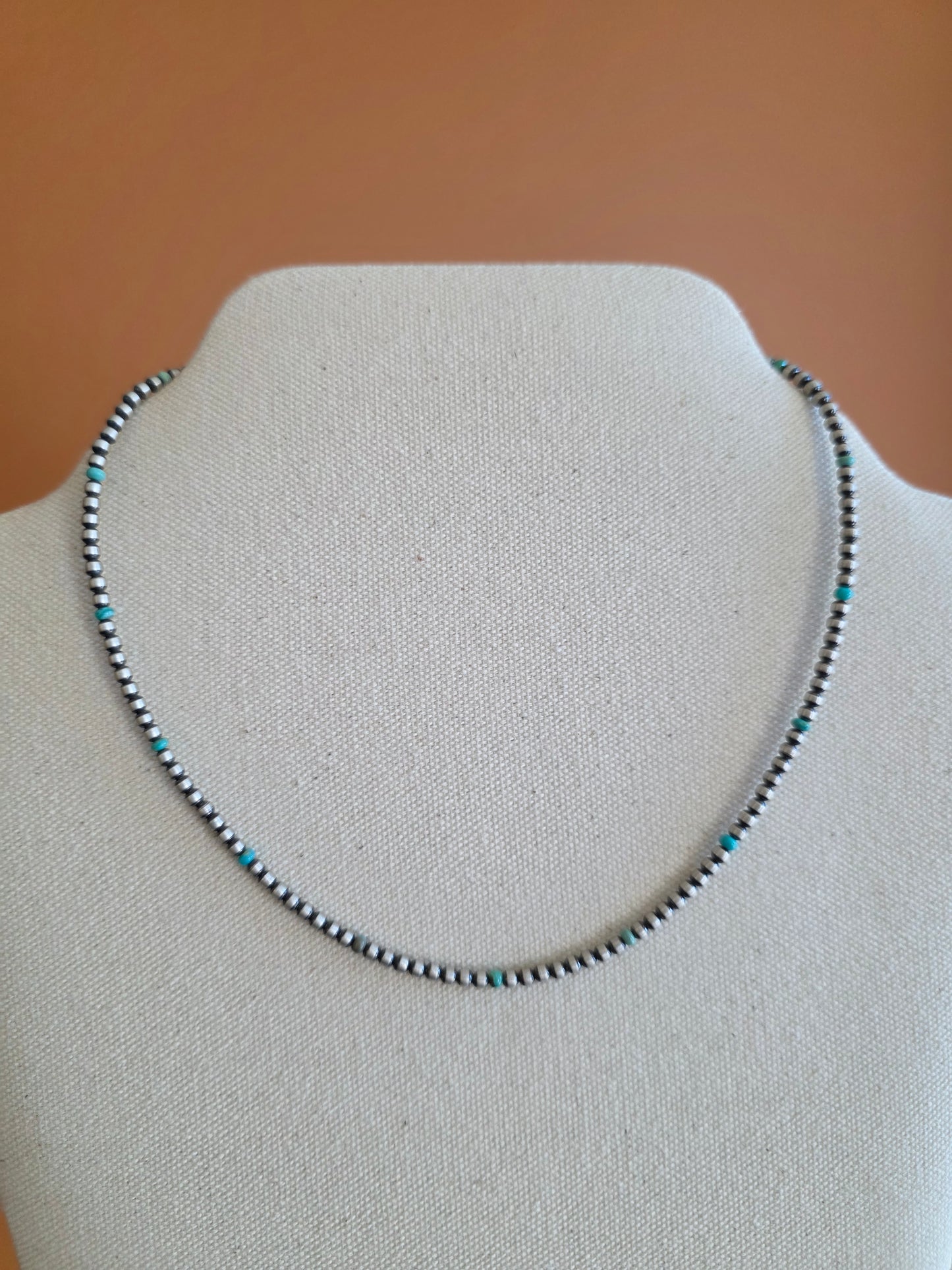 3mm Sterling Silver Bead Necklace with Turquoise Rondelle Accent