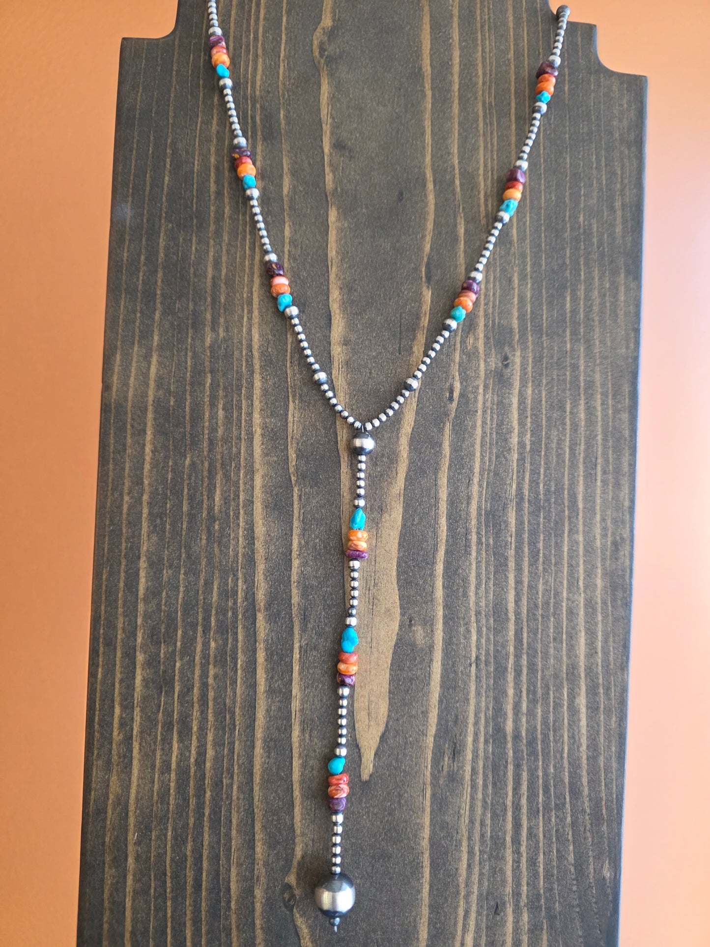 Multi Bead Sterling Silver, Kingman and Spiny Lariat