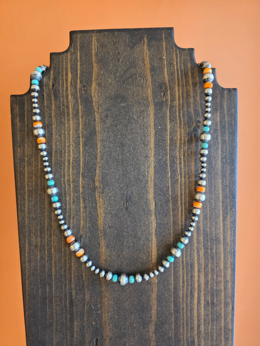 Mixed Sterling Silver, Campitos Turquoise and Spiny Beaded Necklace