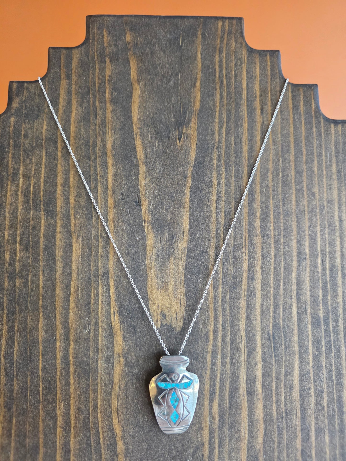 Vintage Sterling Silver Inlay Vase Pendant Necklace