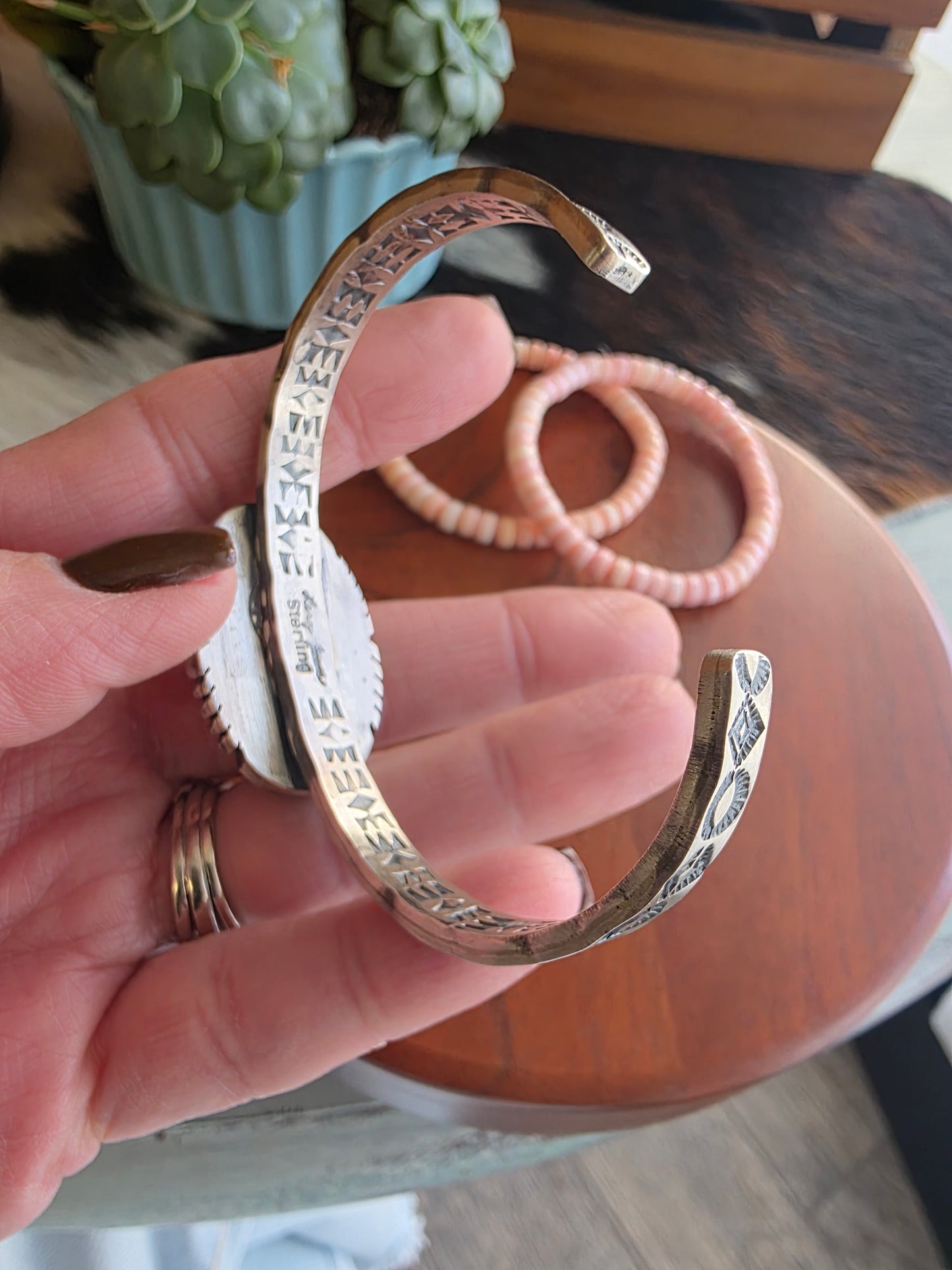 Heavy Gauge Sterling Hand Stamped Pink Conch Cuff
