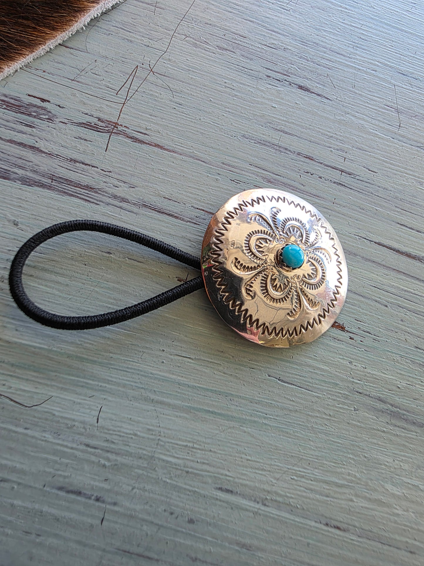 Large Round Stamped Sterling Turquoise Hair Tie
