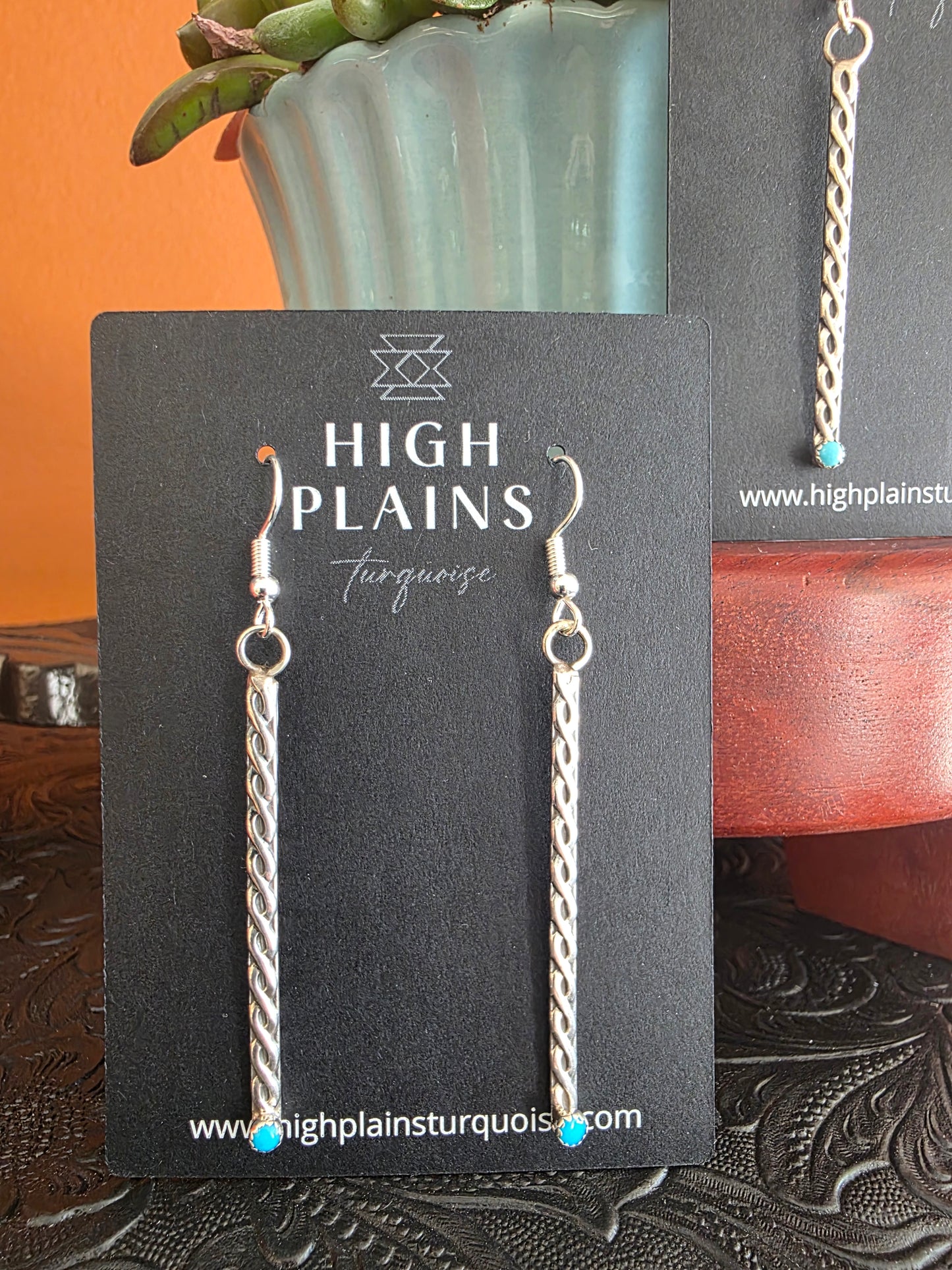 Weaved Sterling Turquoise Dot Stick Style Earrings
