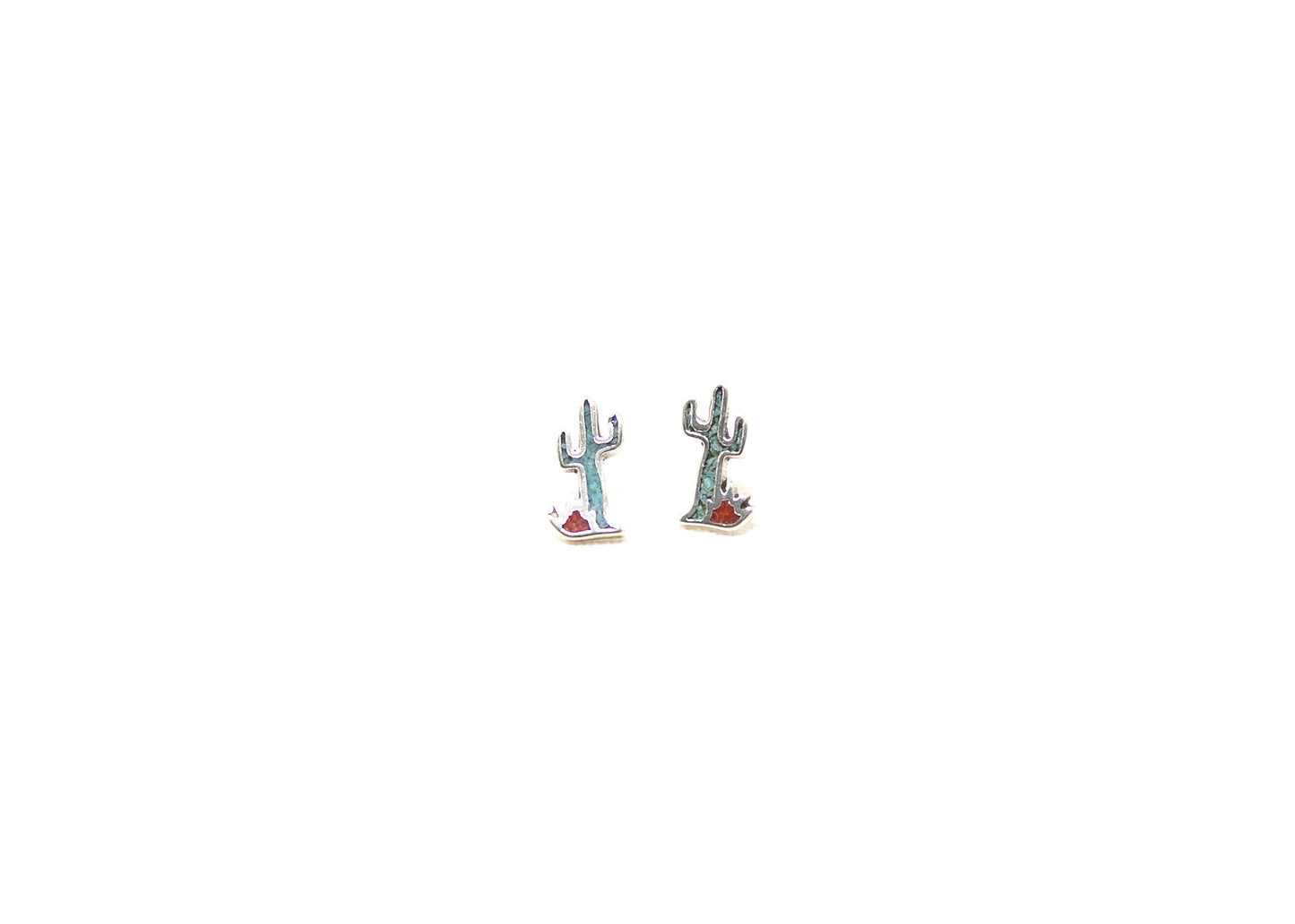 Turquoise and Coral Inlay Saguaro Cactus Earrings