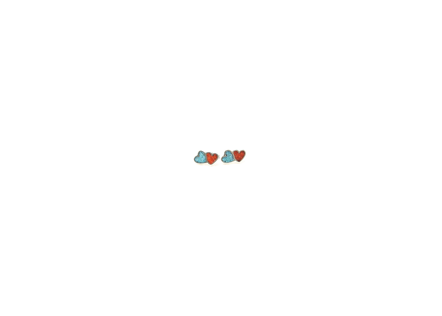 Turquoise and Coral Chip Inlay Double Heart Earrings