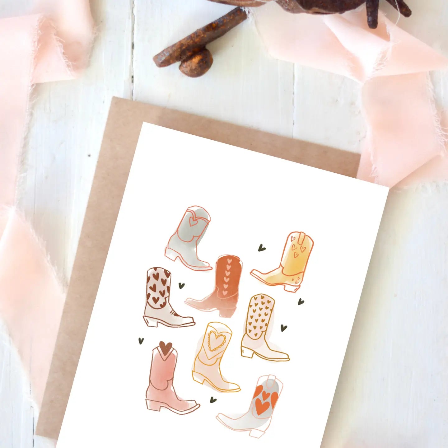 Vintage Heart Cowboy Boots Blank Greeting Card Set