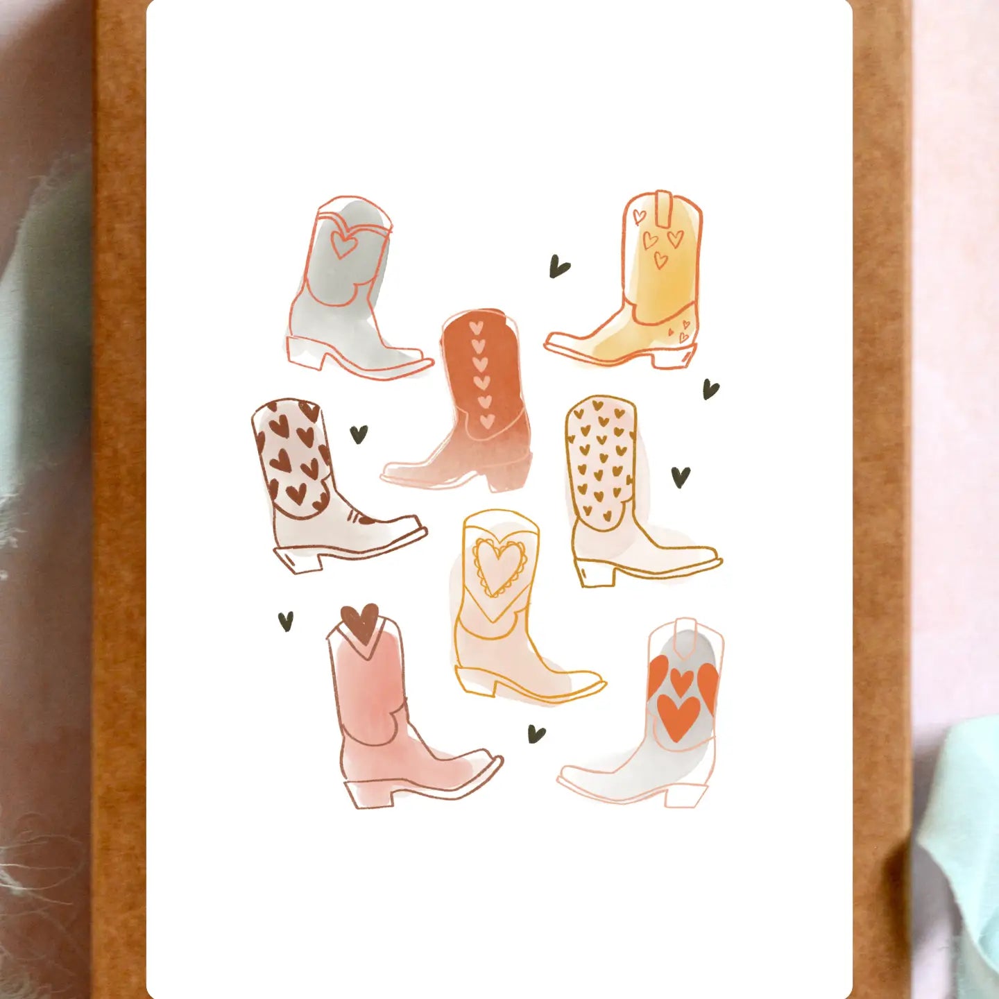 Vintage Heart Cowboy Boots Blank Greeting Card Set