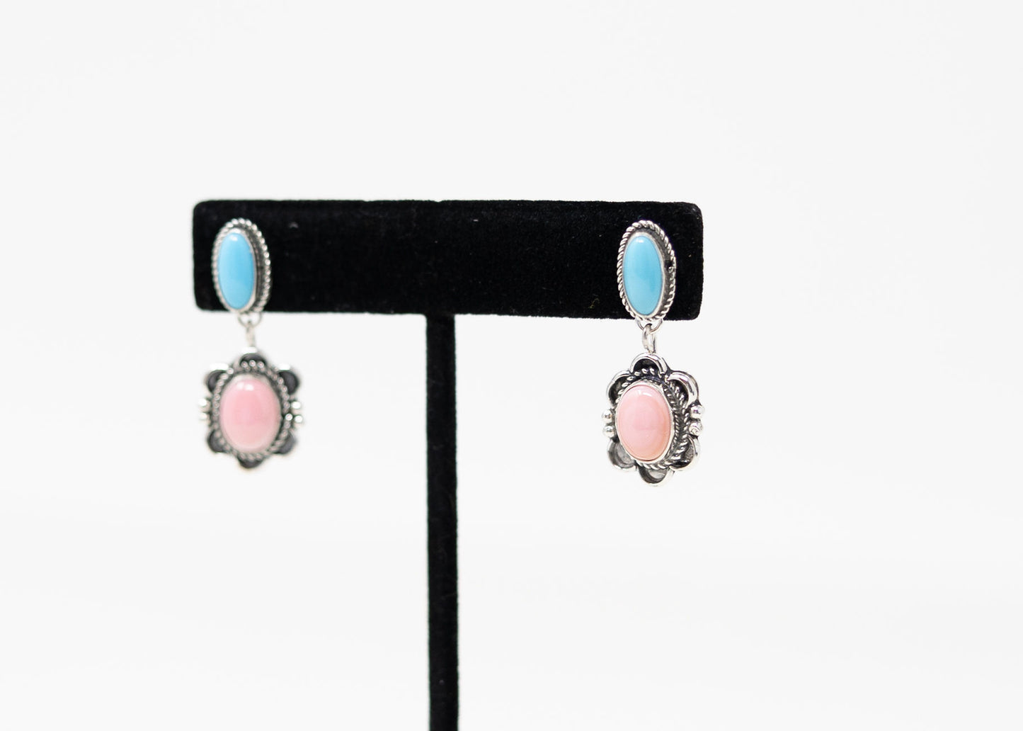 Turquoise and Pink Conch Sterling Scalloped Earrings