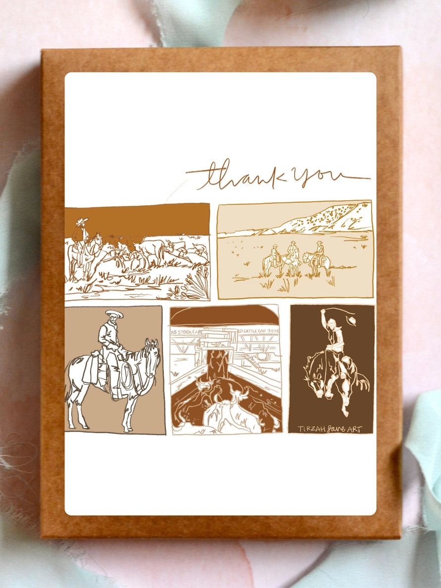 Vintage Western Ranching Sketches "Thank You" Greeting Card Set