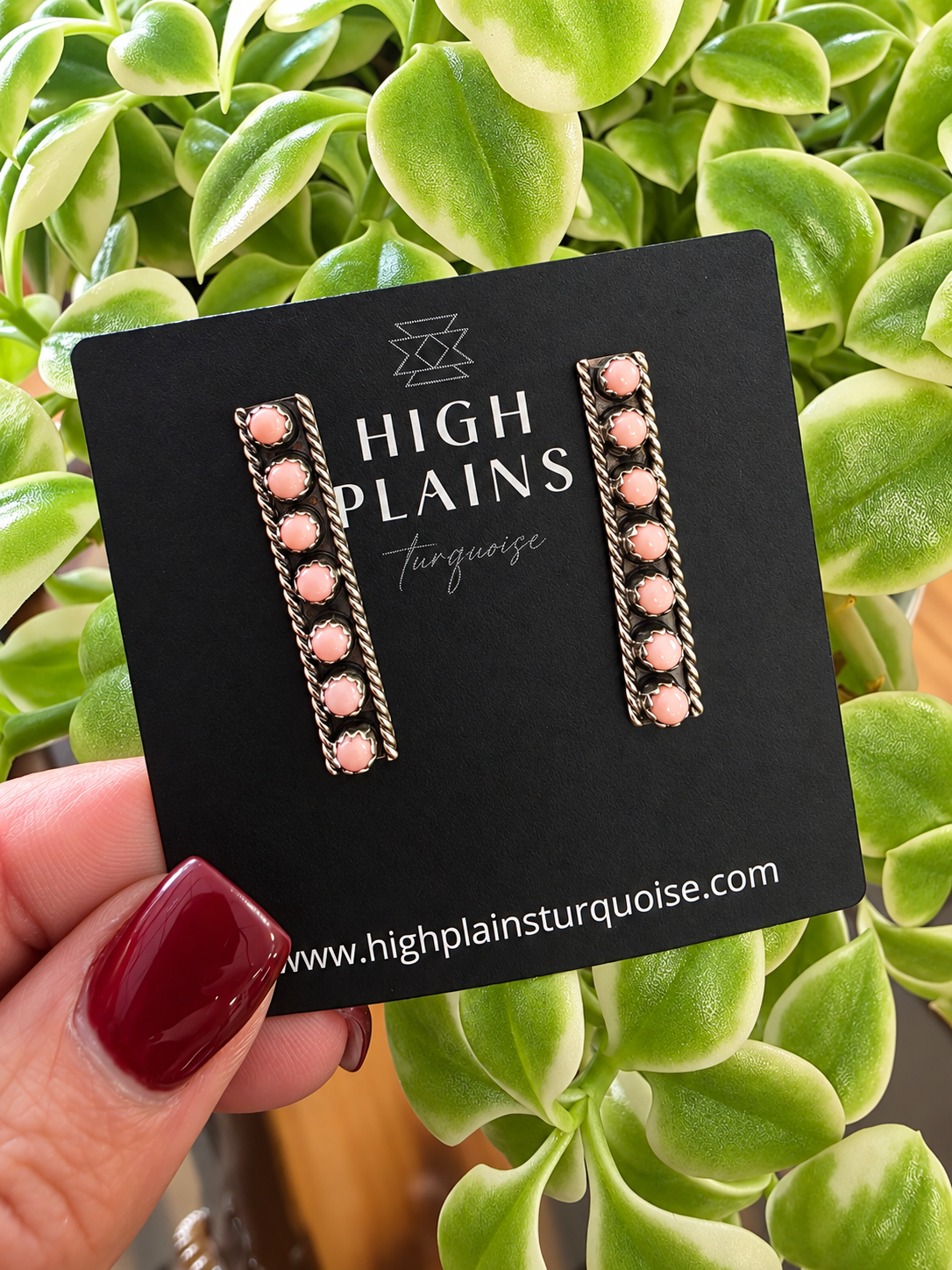 7-Stone Long Bar Pink Conch Earrings