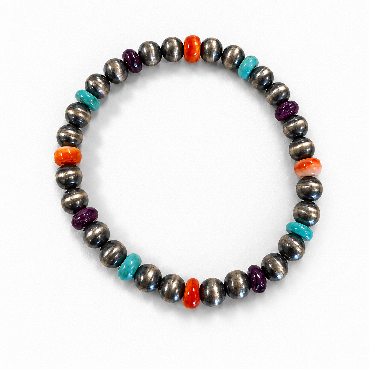 6mm Sterling Silver Multi Stone Bead Stretch Bracelet