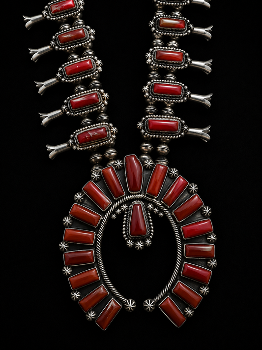High Grade Mediterranean Coral Squash Blossom Necklace