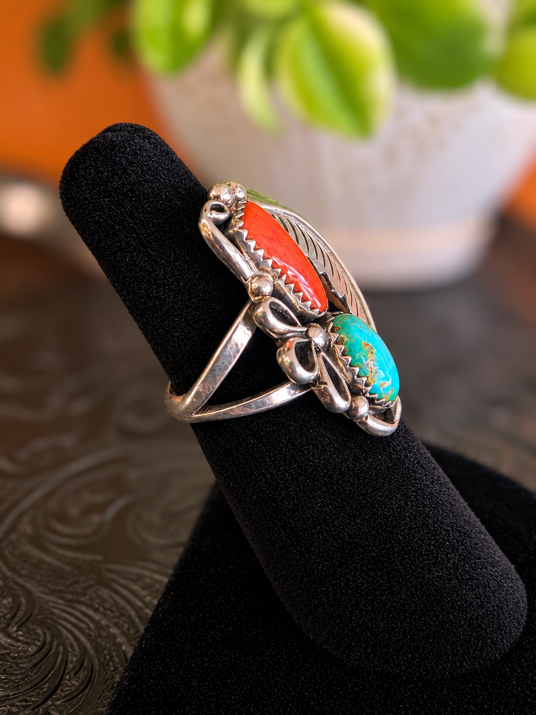 Traditional Navajo Turquoise Mountain Coral Ring
