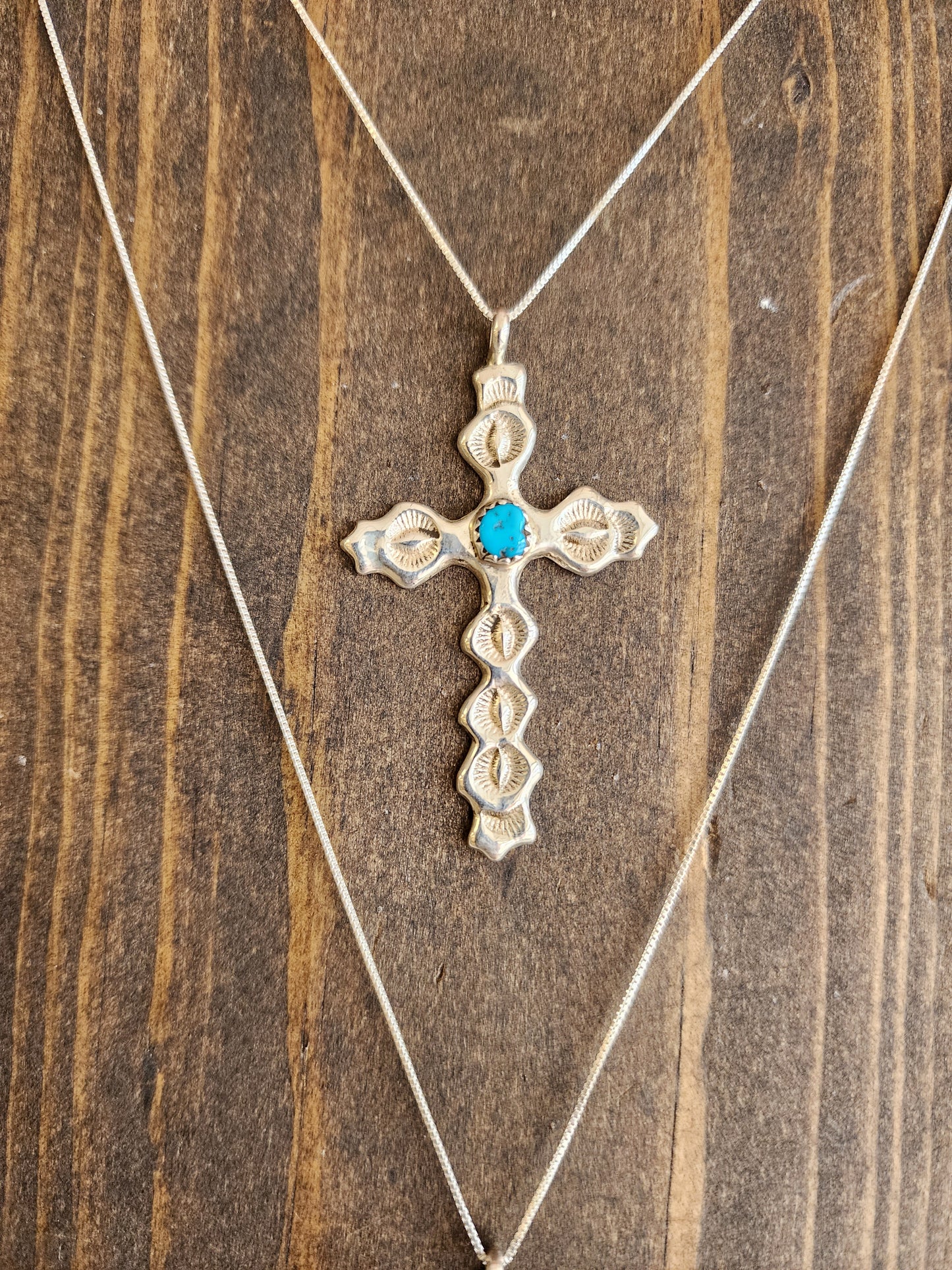 Navajo Stamped Sterling Silver Kingman Cross Pendant Necklace