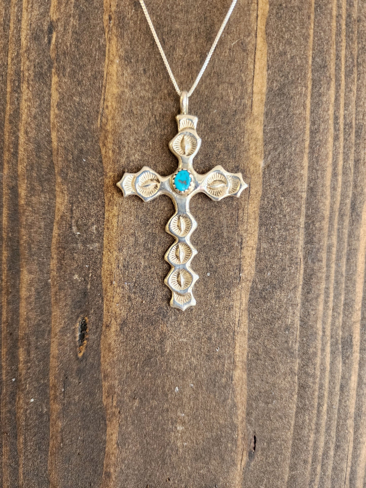Navajo Stamped Sterling Silver Kingman Cross Pendant Necklace