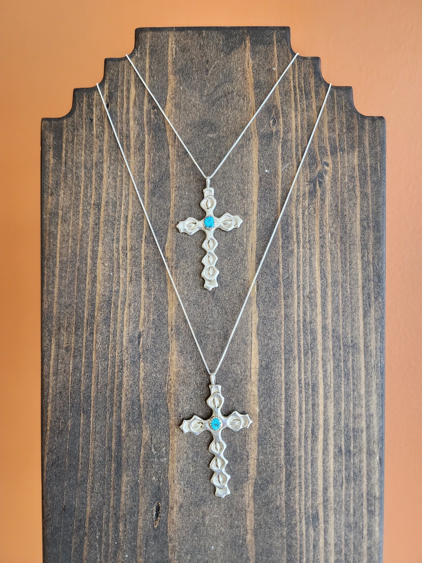 Navajo Stamped Sterling Silver Kingman Cross Pendant Necklace