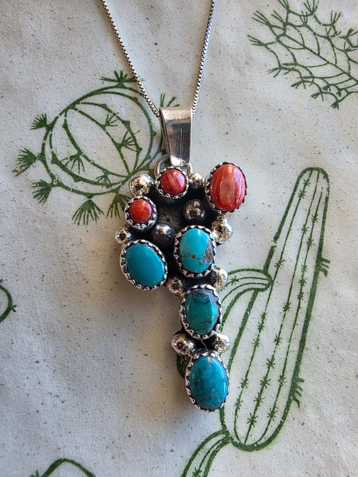 Prickly Pear Kingman Turquoise and Spiny Oyster Cactus Pendant Necklace