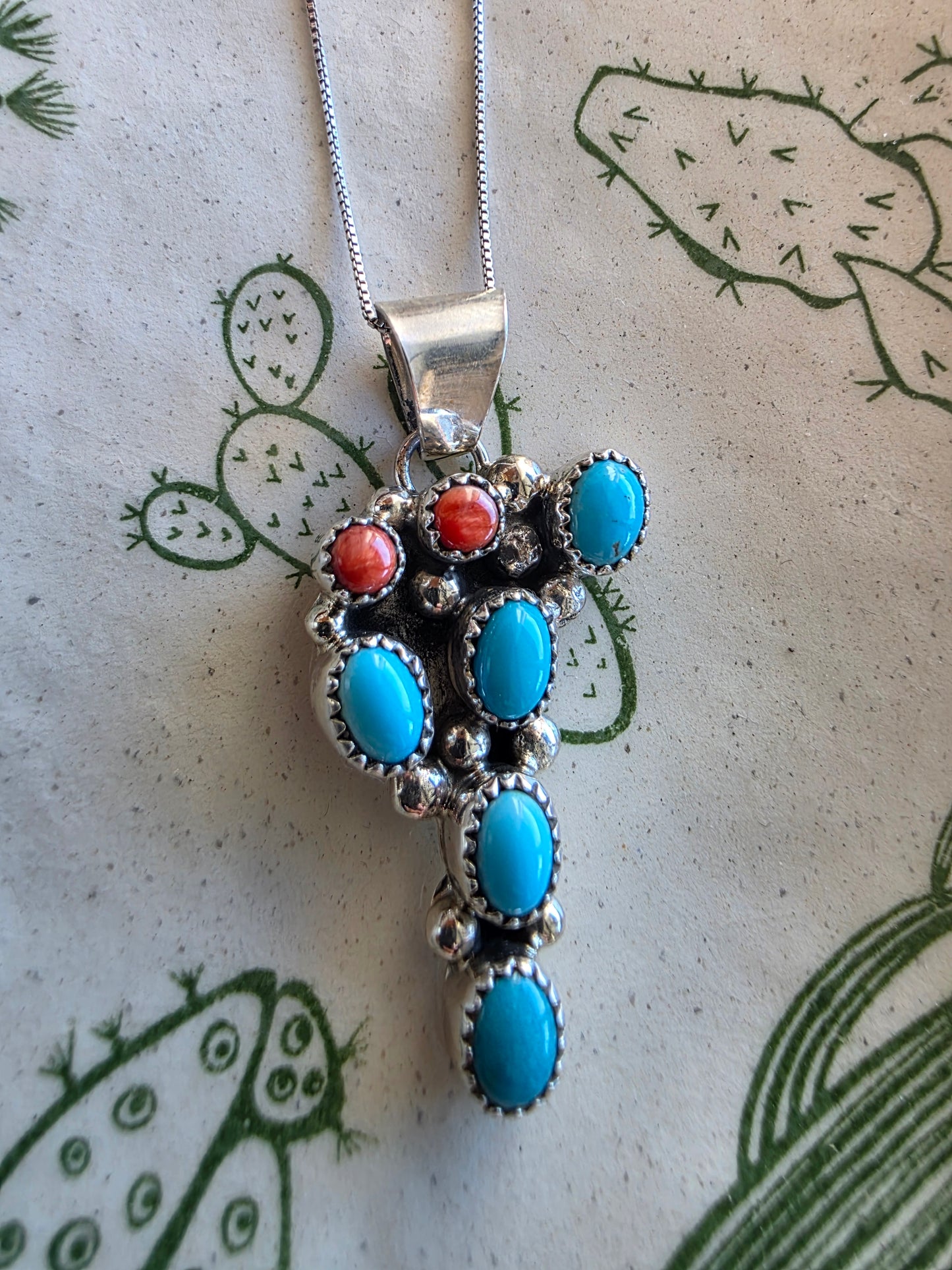Prickly Pear Kingman Turquoise and Spiny Oyster Cactus Pendant Necklace