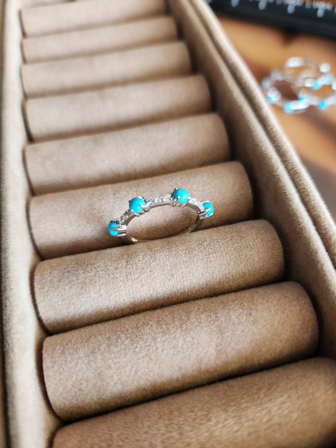 Single white gold and turquoise wedding band ring