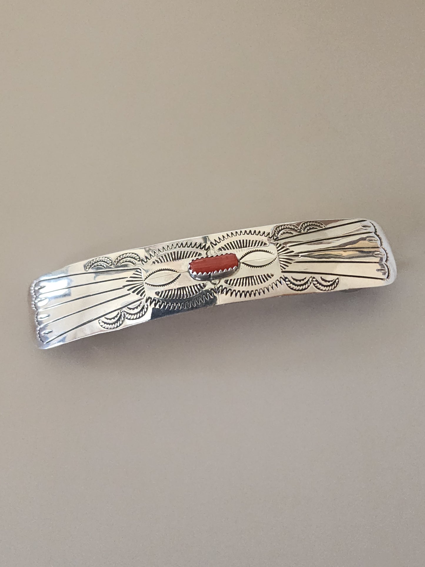 Sterling Silver Stamped Barrette w/Coral Accent