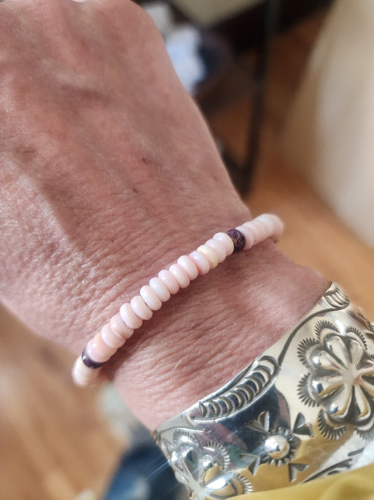 5mm Sterling Silver Bead w/Pink Conch & Purple Spiny Bracelet - 7.5"