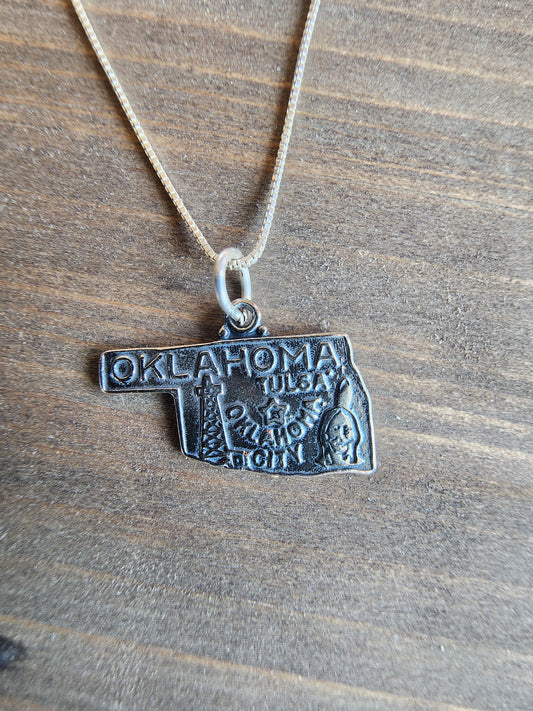 Sterling Silver Oklahoma State Pendant Necklace - 18"