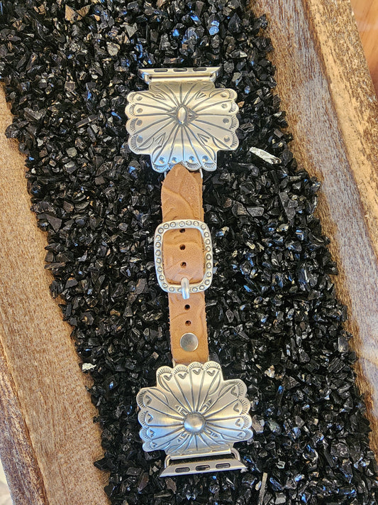 Sterling Silver Cross w/Tan Embossed Leather Watch Band - 38-40mm