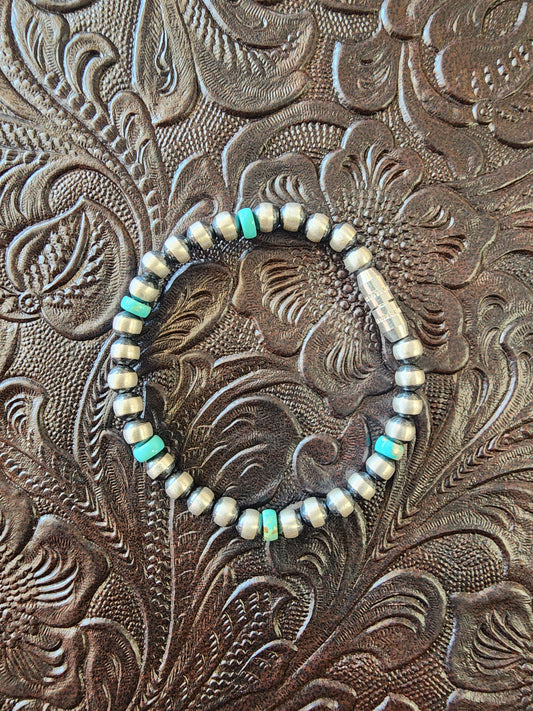 Sterling Silver Beaded Baby Bracelet w/Tyrone Turquoise Accents