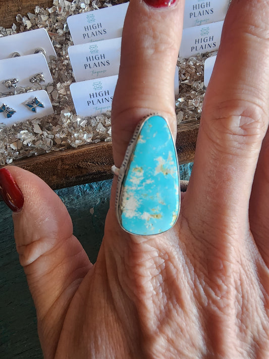 White Water Turquoise Teardrop Ring w/Sterling Stamped Band (7.5)