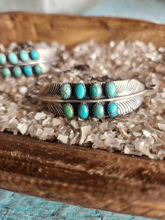 Sterling Silver Feather Cuff w/Double Row Turquoise accent