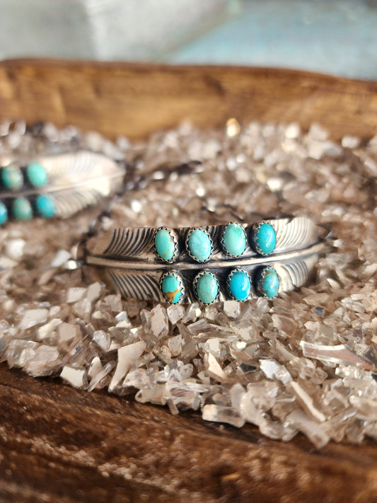 Sterling Silver Feather Cuff w/Double Row Turquoise accent