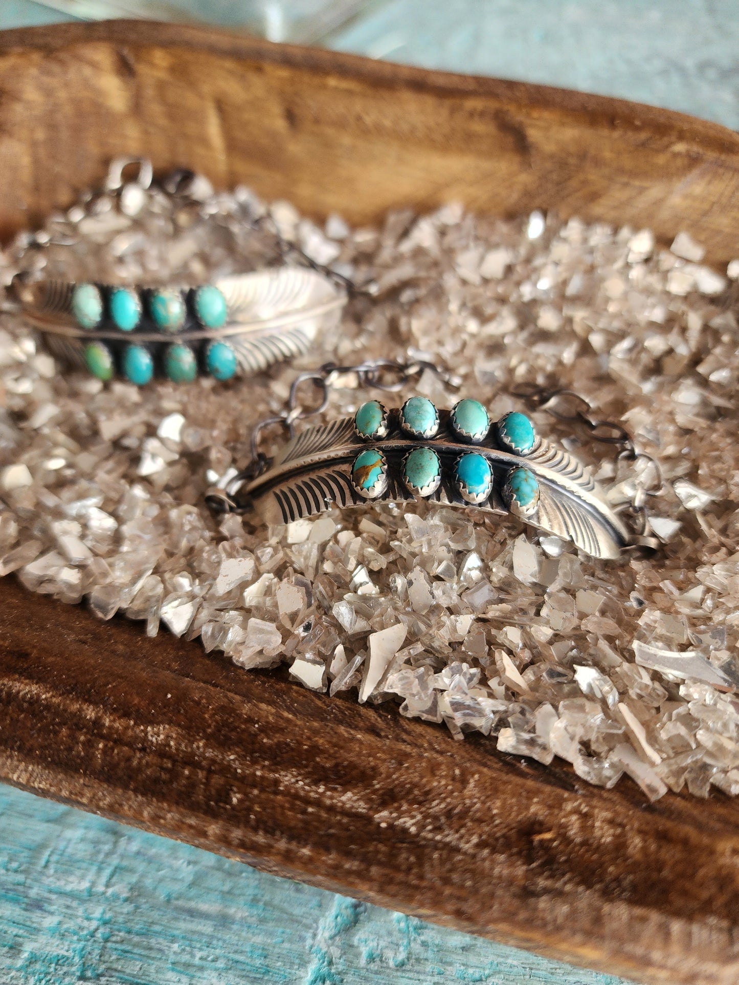 Sterling Silver Feather Cuff w/Double Row Turquoise accent