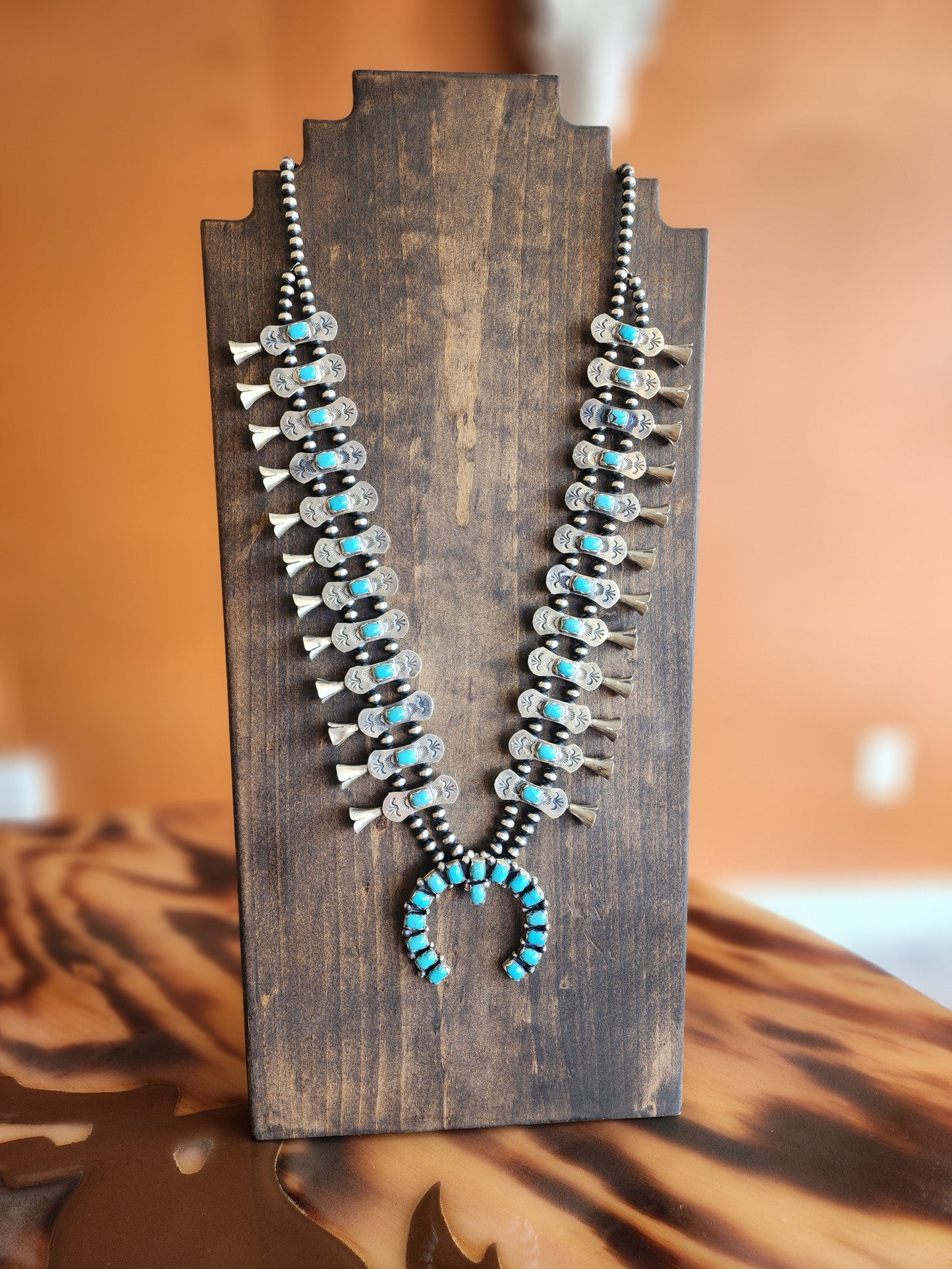 Egyptian Turquoise Bow Box Squash Blossom Necklace