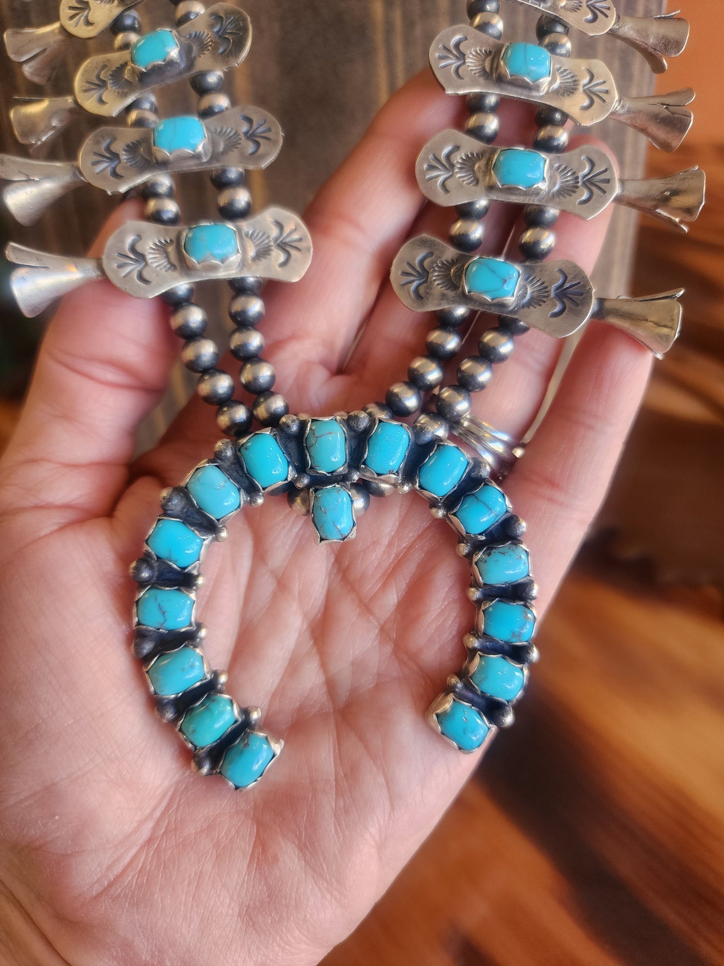 Egyptian Turquoise Bow Box Squash Blossom Necklace