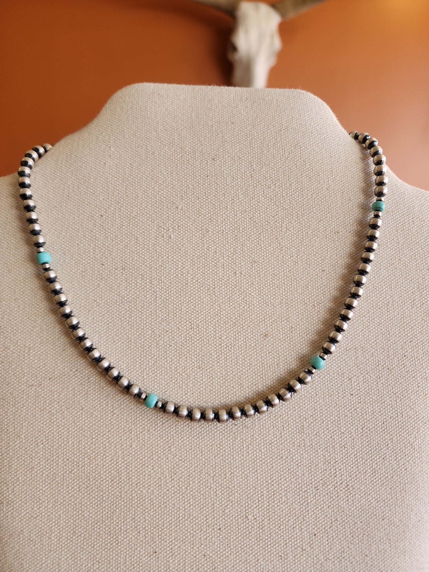 5mm Sterling Silver Necklace w/Tyrone Turquoise - 16" w/2" extender