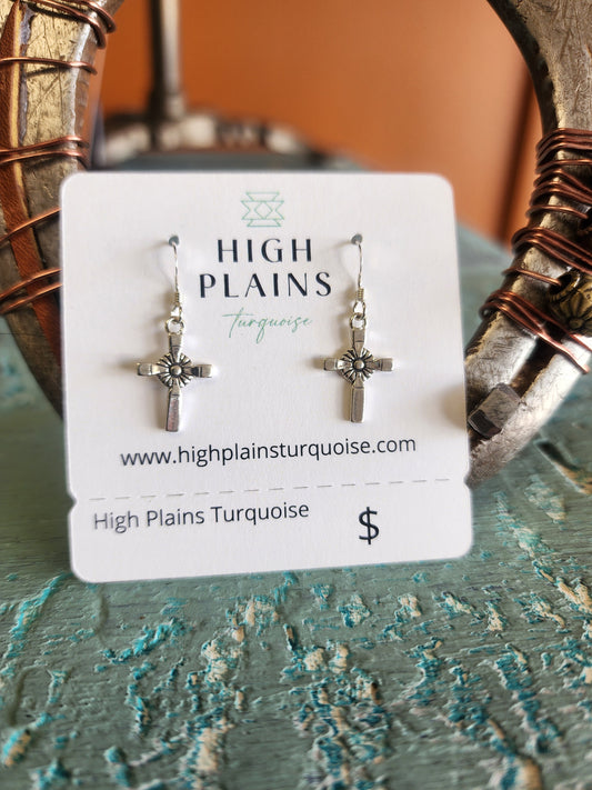 Sterling Silver Flower Cross Earrings