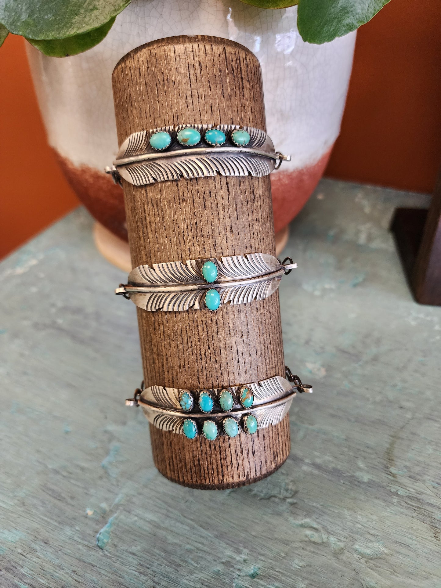 Sterling Silver Feather Cuff w/Single Row Turquoise accent