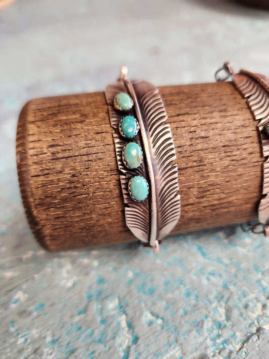 Sterling Silver Feather Cuff w/Single Row Turquoise accent