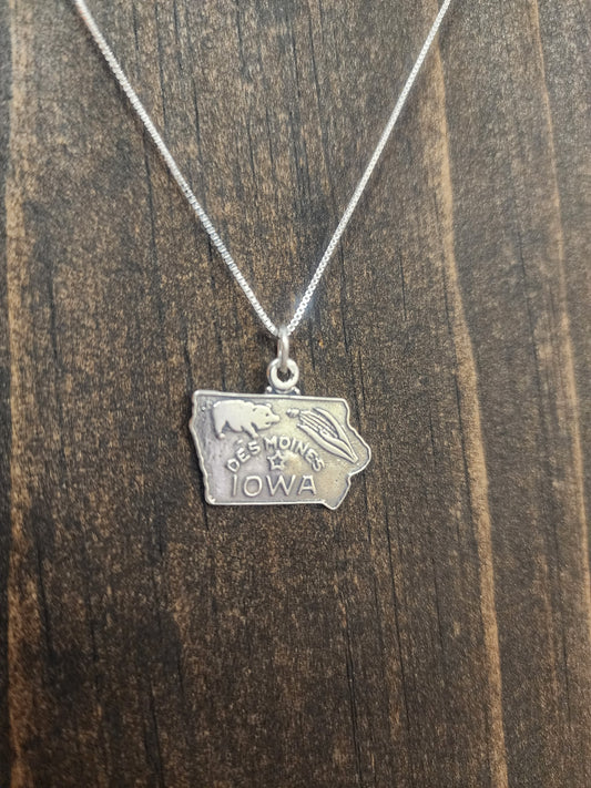 Sterling Silver Iowa State Pendant Necklace - 18"