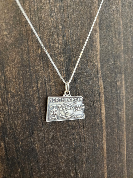 Sterling Silver North Dakota State Pendant Necklace - 18"