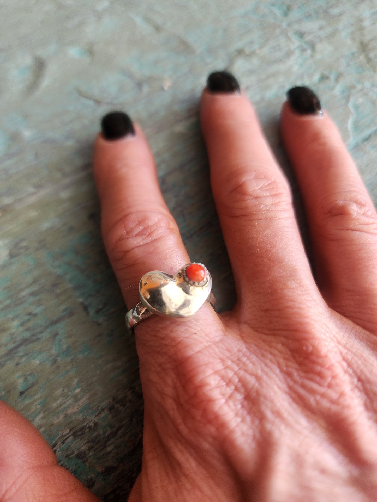 Sterling Silver Puff Heart Ring w/Coral accent (8.25)